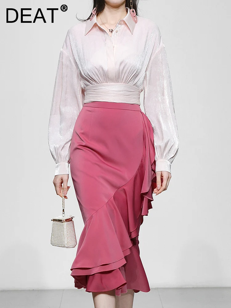 

Женское платье с оборками [DEAT], белое элегантное платье контрастных цветов с длинными рукавами-фонариками, новинка весны 2023, 13DB807