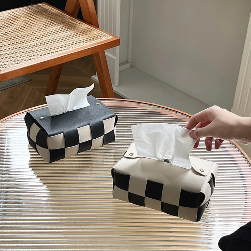 

Checkerboard Woven Tissue Box PU Leather Napkin Case Home Decoration Creative Paper Towel Cover boxes Living Room Office Desktop