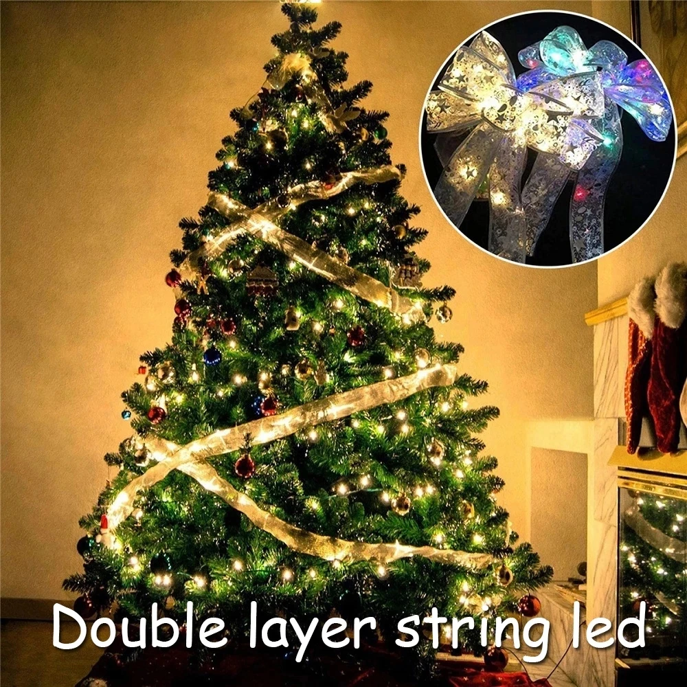 Christmas  LED 5M Double Layer Fairy Lights Strings Christmas Ribbon Bows With LED Tree Ornaments New Year Navidad Home Decor