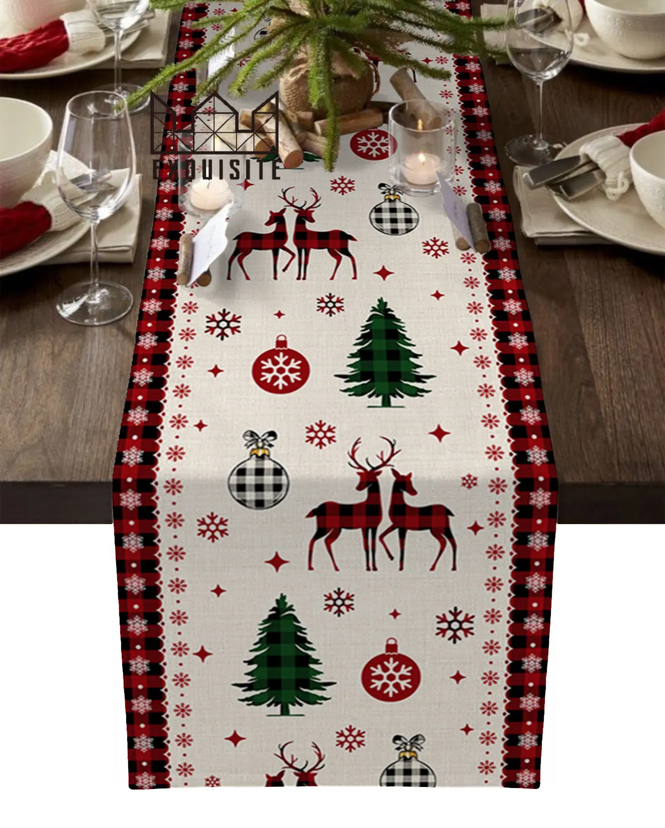 

Christmas Snowflake Elk Tree Table Runner Home Dining Room Decoration Tablecloth Wedding Holiday Party Table Runner