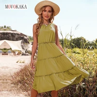 movokaka summer vintage folds long camisole dress women casual holiday beach o neck fungus vestidos solid elegant dresses party