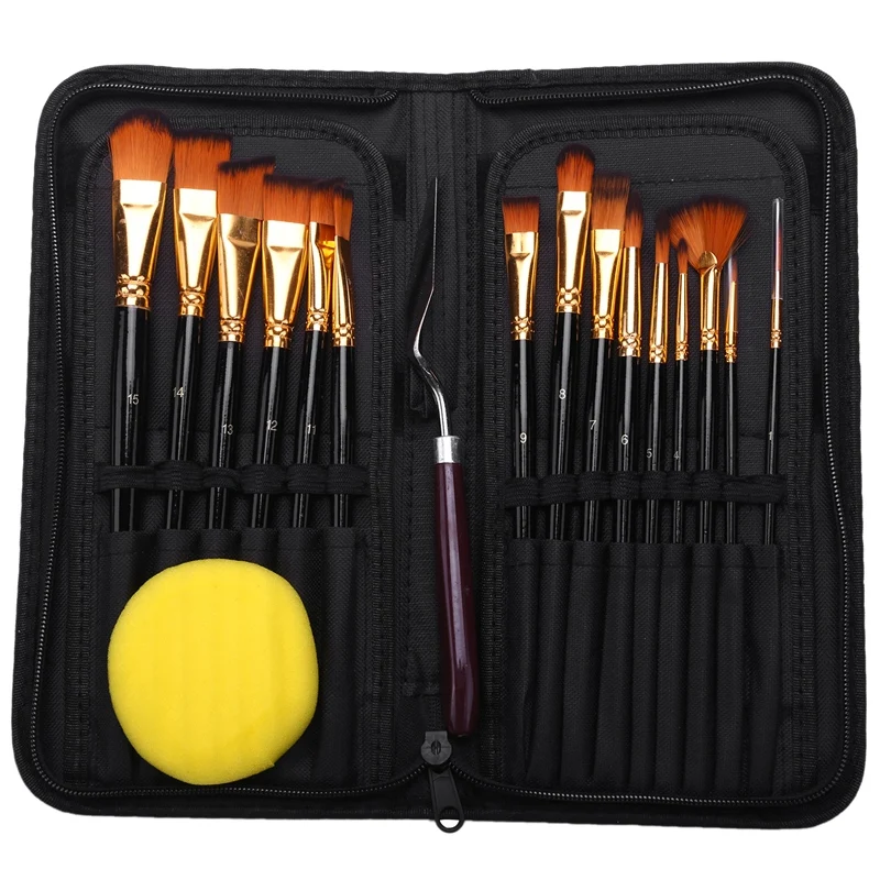 

15Pcs Artist Paint Brush Set Nylon Art Paint Brushes With Case For Gouache, Acrylics, Oil And Watercolor