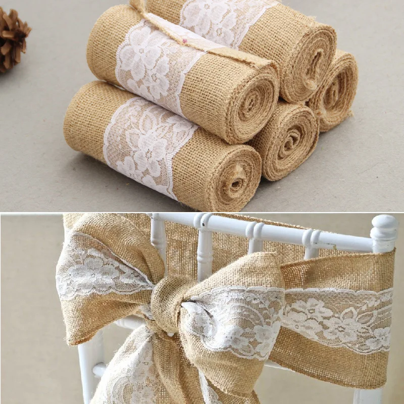 

5pcs/lot Jute Burlap Lace Chair Sashes Linen Chair Knot Tie Bow For Vintage Wedding Engagement Anniversary Chair DIY Decorate