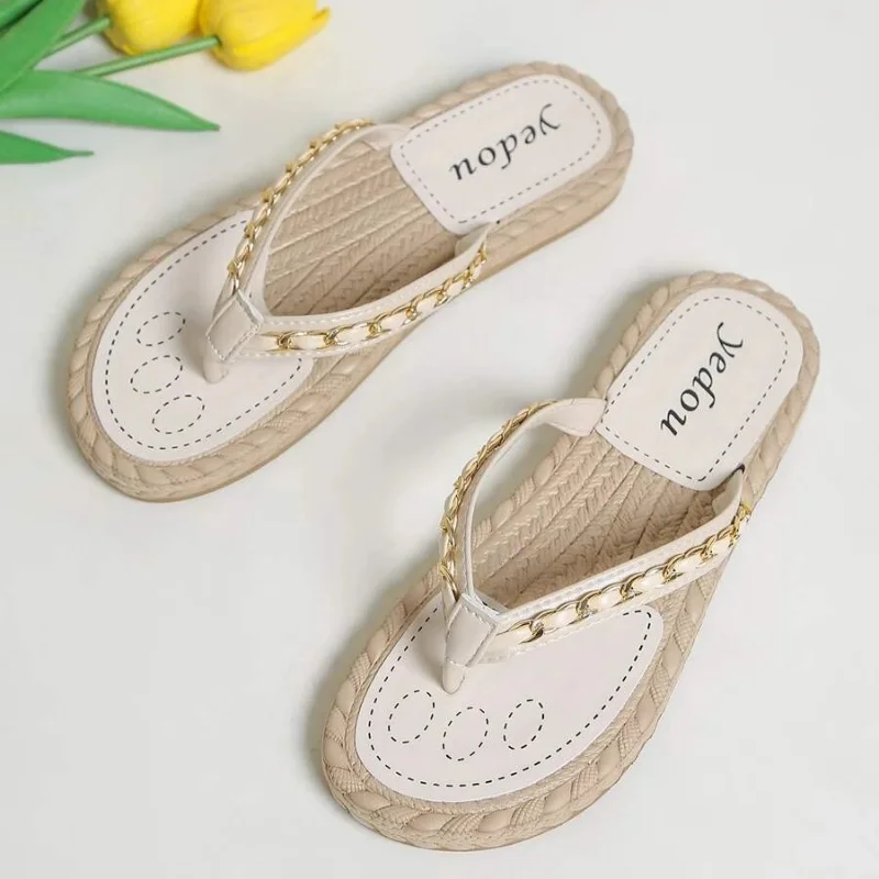 Women Fashion Chain Decor Flip Flops 2023 Summer Outdoor Beach Linen Flats Slides Casual Comfy Light Sandals Lovely Ladies Shoes
