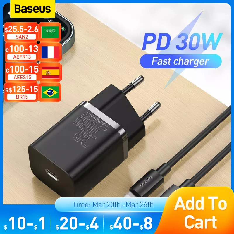 

Baseus 30W USB C Charger Super Si USB Plug PD Quick Charge For IPhone 14 13 12 pro max QC 3.0 Fast Charging For Xiaomi Samsung