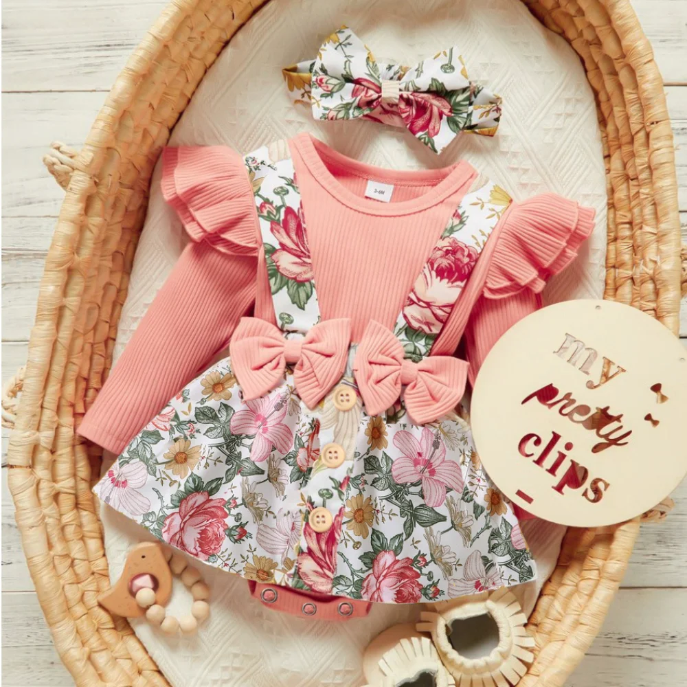 

3pcs/Set Pink Ribbed Bodysuit Ruffle Long Sleeve Newborn Flower Strap Dress Soft Cute Bow Toddler Baby Girls Romper Dresses