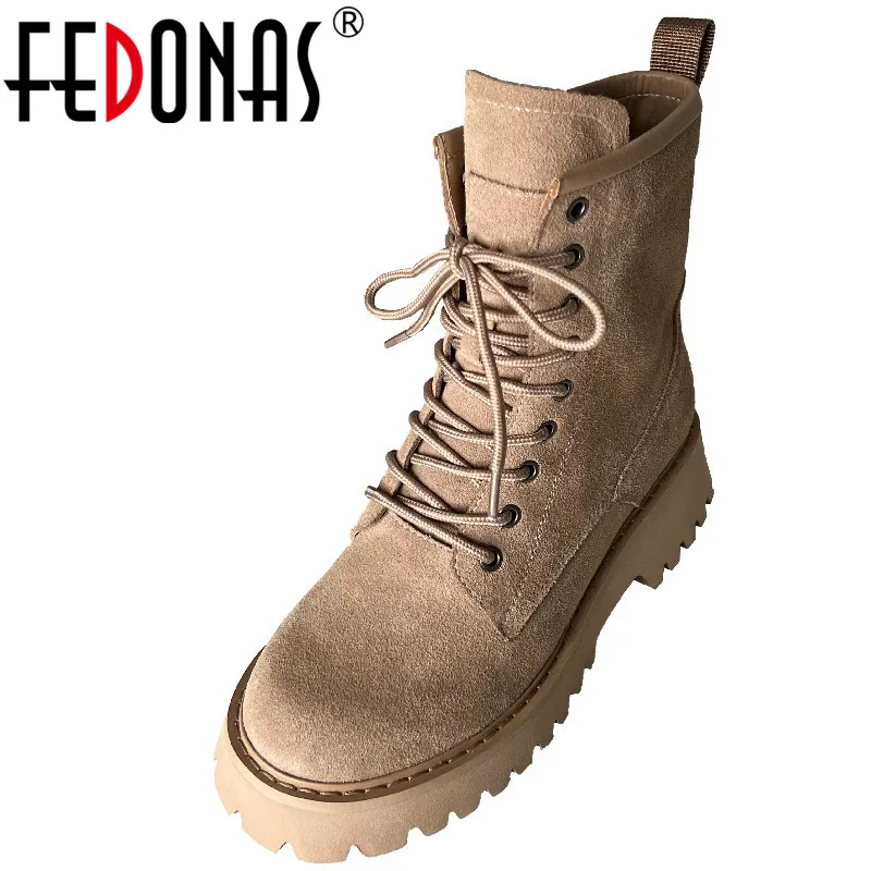 

Женские ботильоны из коровьей замши FEDONAS, уличные повседневные ботинки для езды на мотоцикле, на шнуровке, на толстом каблуке, Осень-зима