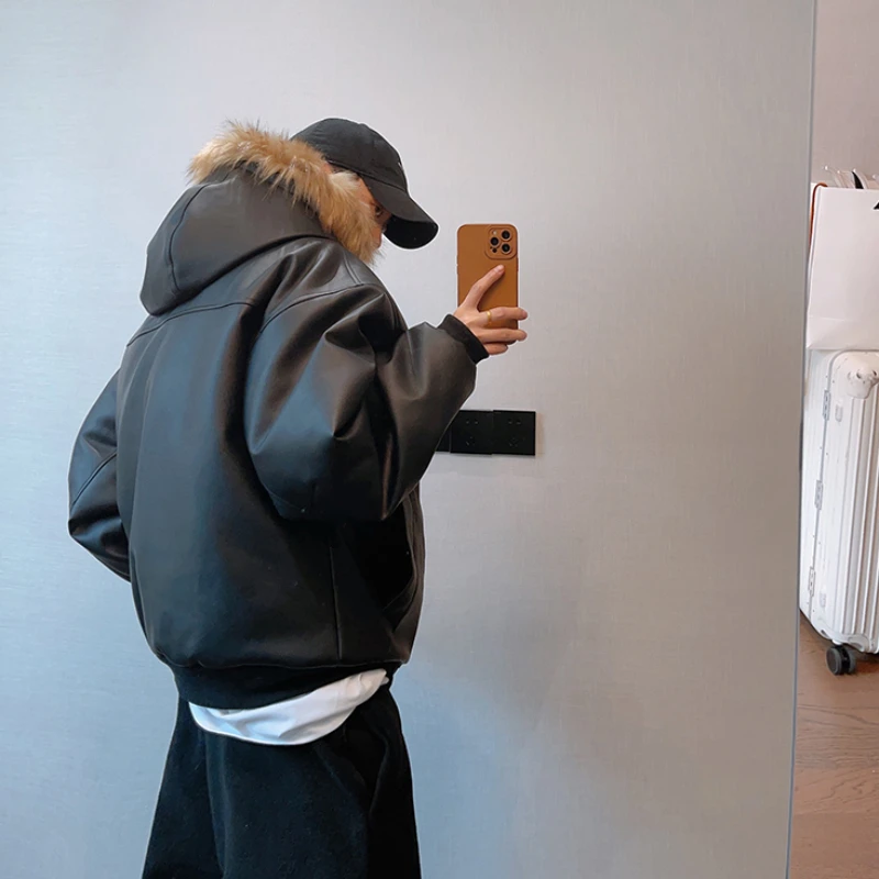 Утепленная хлопковая куртка из искусственной кожи мужская со съемным меховым