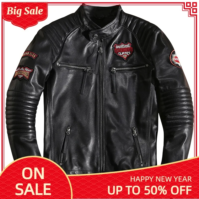 

2021 Black Motorcycle Style Genuine Leather Jacket Men Skulls Embroidery Real Natural Cowhide Spring Slim Fit Short Biker Coat