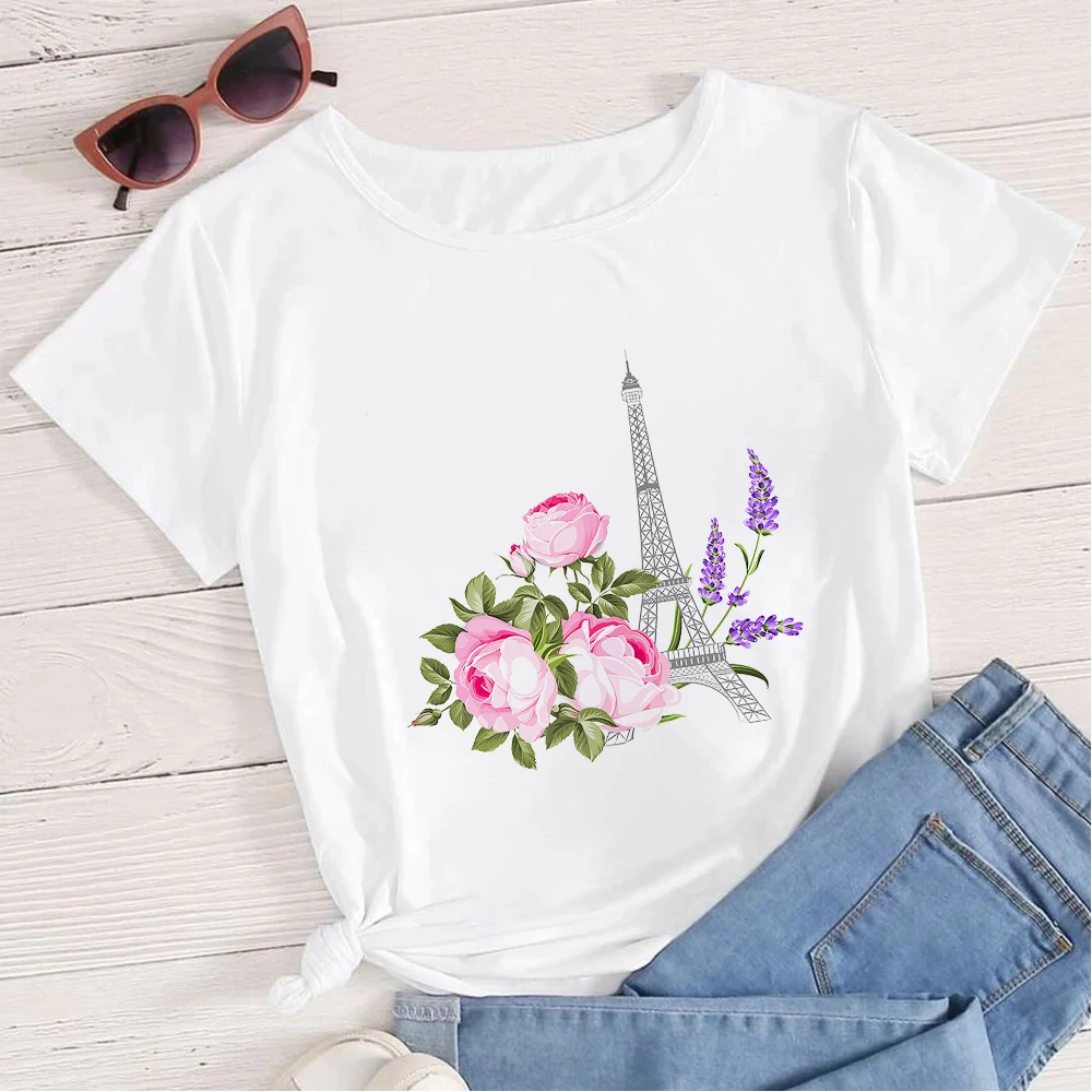

Eiffel Tower Fashion Femme Vetement Flowers Aesthetic Short Sleeve Summer Basic Tops Europe Harajuku Women's T-shirt Clearance
