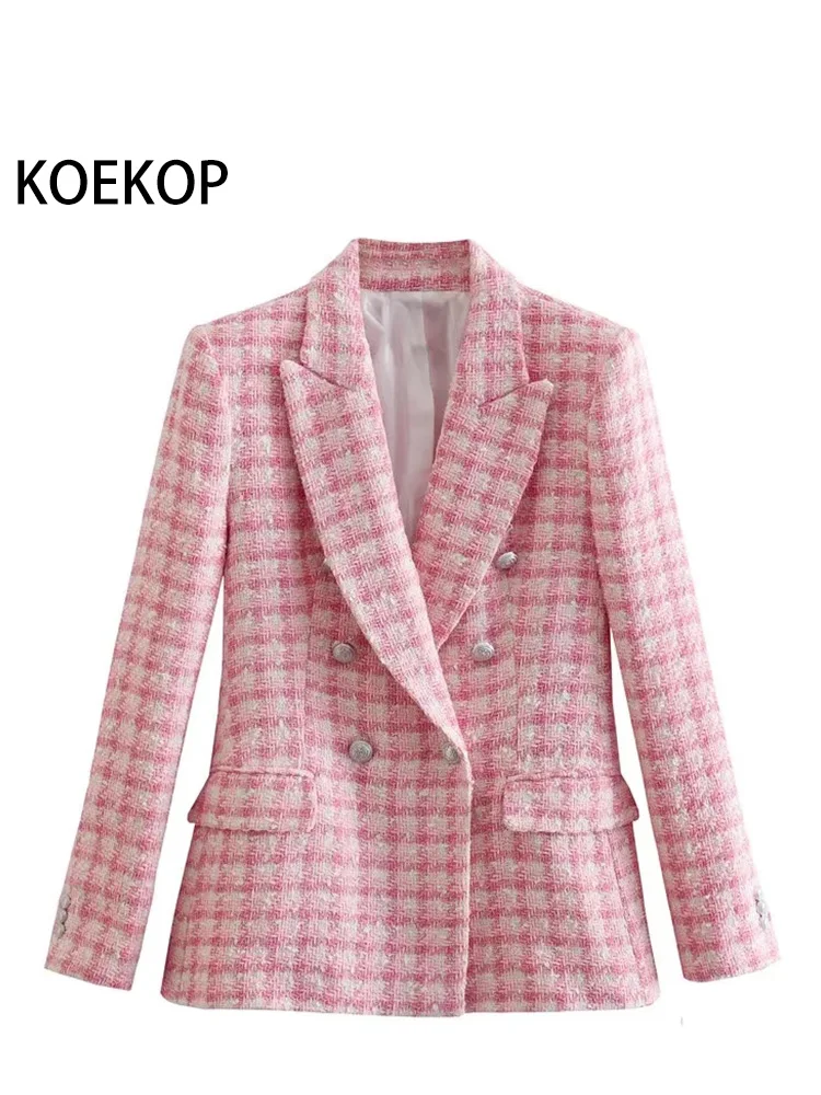 

LYWM Women Fashion Outwears Plaid Pink Tweed Blazer Jacket Double Button Notched Neck Vintage Female Chic Outfits Mujer