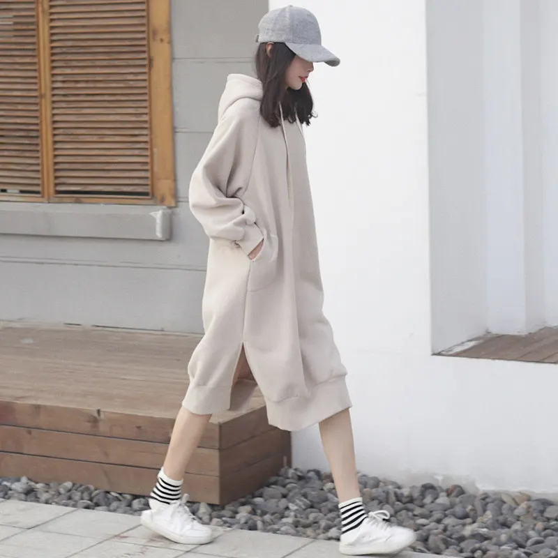 

2021 winter new Korean version plus velvet thick split split casual loose solid color hooded mid-length sportswear dress