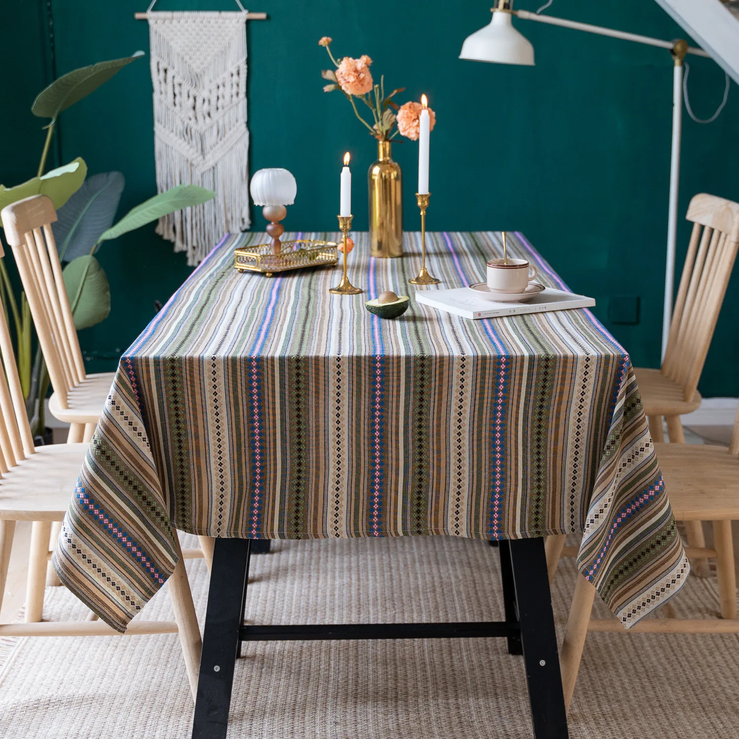 

Cotton Linen Striped Tablecloth Embroidered Flower Rectangular Tablecloth High-quality Light Luxury Table Cloth Home Decoration