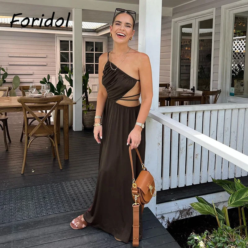 

Женское кружевное платье на одно плечо, однотонное длинное платье без рукавов с открытой спиной и эластичным поясом, праздничное платье мак...