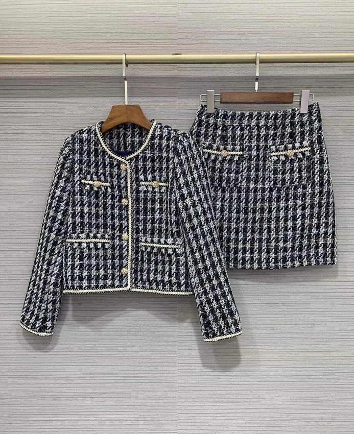 

2022 new women fashion set trimmed knit wool coat + slim skirt 2-piece set 1003
