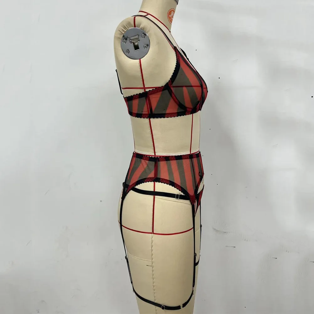 Europe and America sexy thin leopard bra suit mesh printed underwear women's garter belt