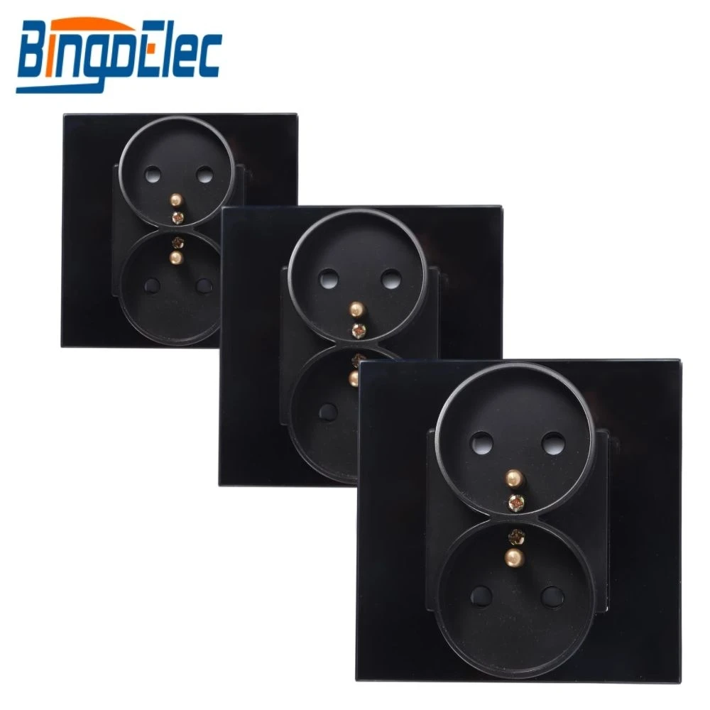 Bingoelec Double head French E type Socket Safety Tempered Glass panel CE EU Standard 16A 110-250V Wall Power 2 AC plug | Обустройство