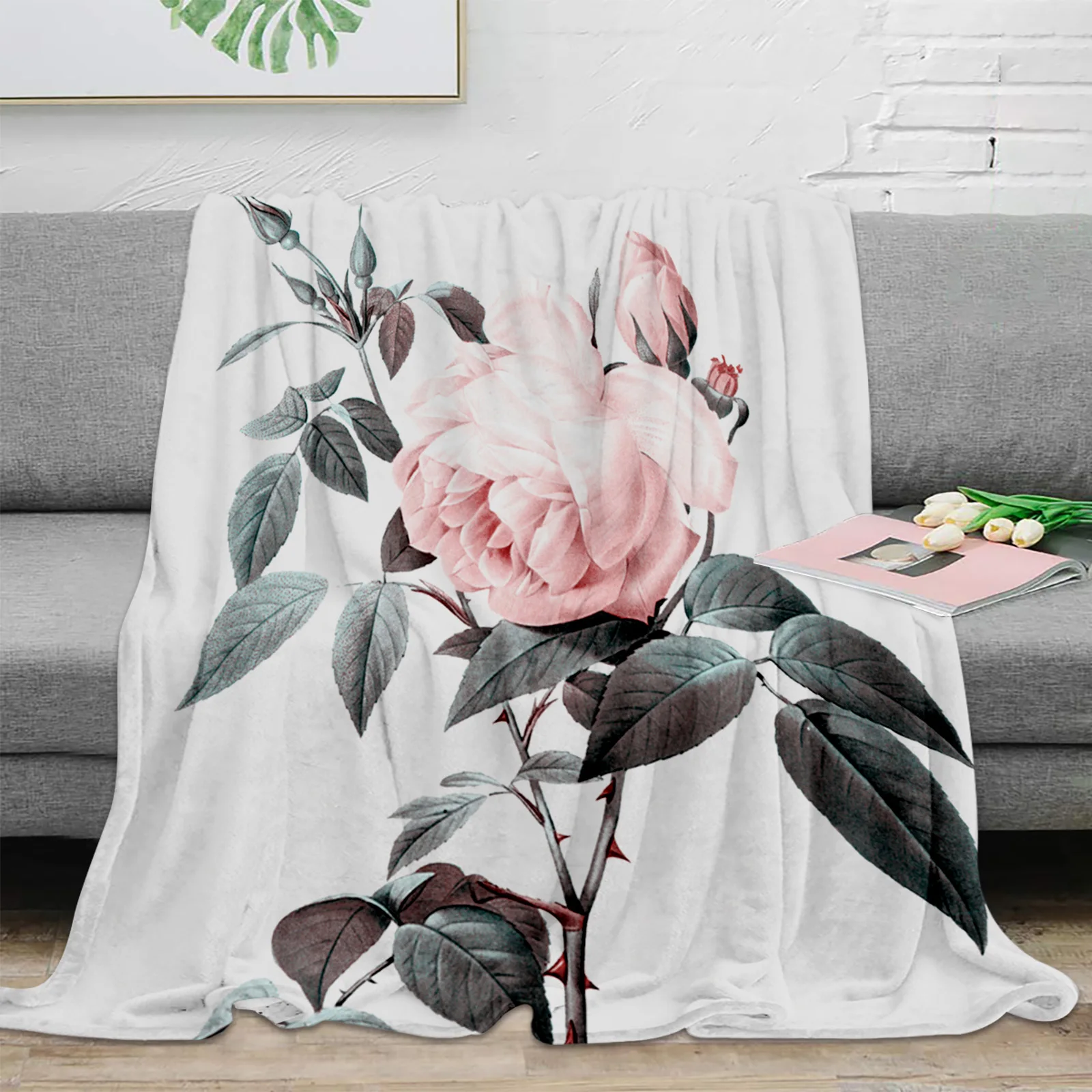 

Pink Rose Flower Throw Blanket For Sofa Bed Bedroom Bedspread Soft Microfiber Flannel Throw Blanket For Kids Gifts