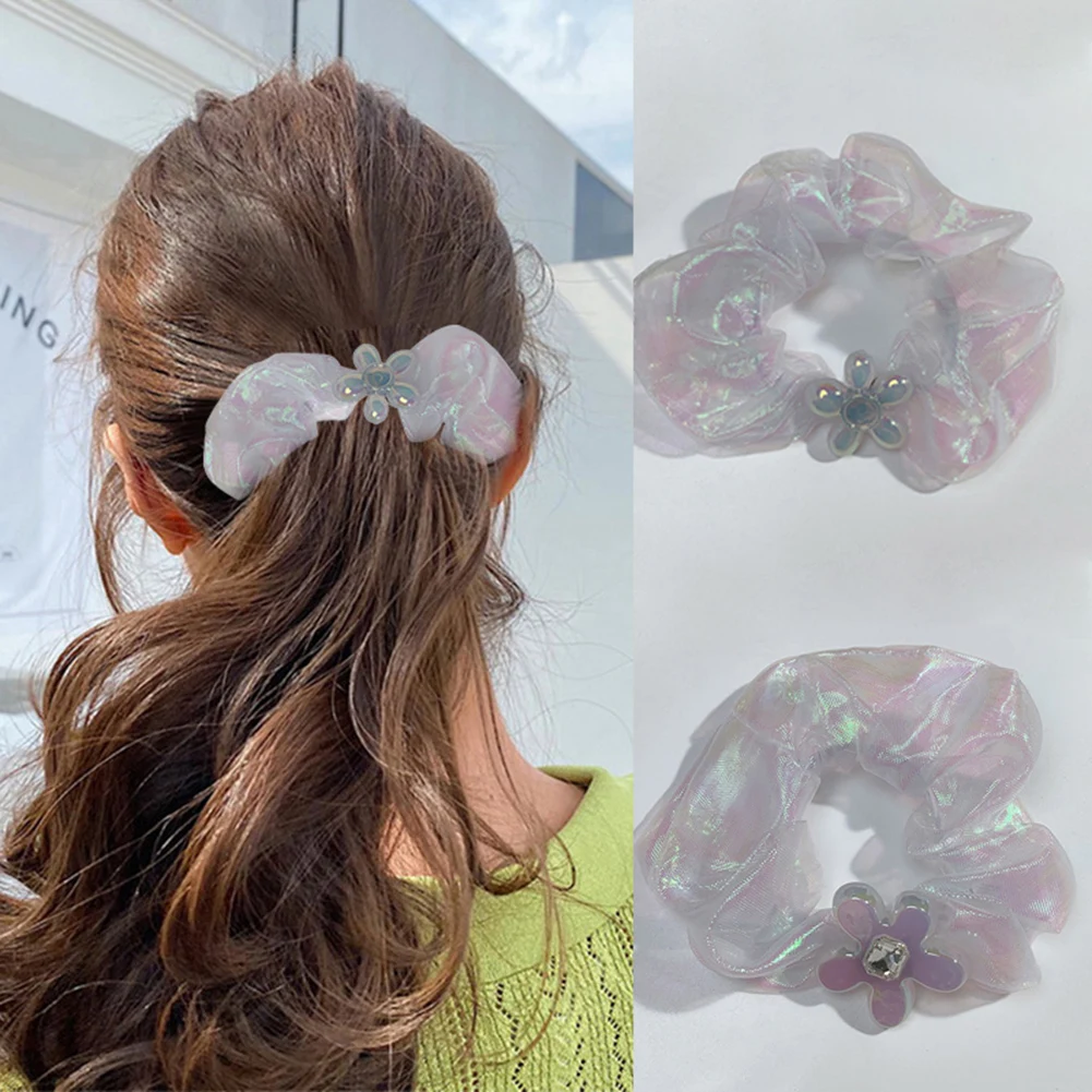 

Sweet Flowers Mesh Scrunchies Women Romantic Hair Rope Summer Hair Ties Ring Ponytail Holder Fashion Hair Accessories