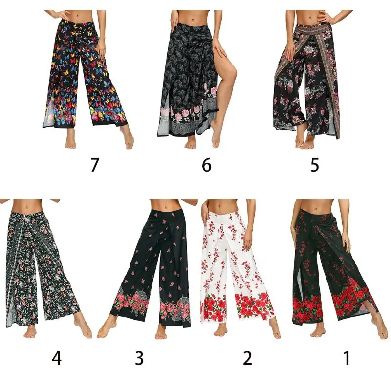 

Women Floral Print Trousers Yoga Loose Baggy Boho Long Palazzo Wide Leg Beach Harem Split Casual Pants