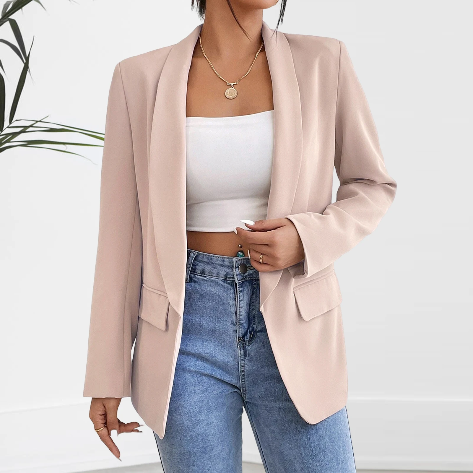 

Повседневные блейзеры с отложным воротником, однотонные женские куртки с карманами, элегантное стильное пальто с V-образным вырезом, приталенный Классический Повседневный наряд