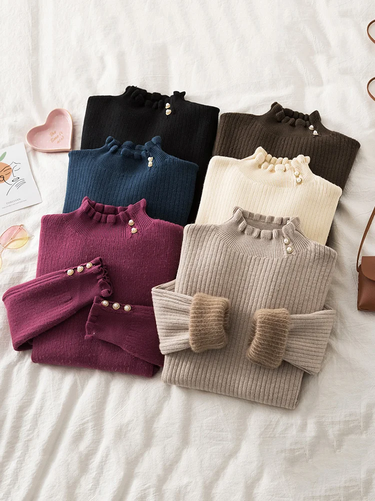 

2023 velvet Fashion Women's Turtlenecks Sweaters Striped Long Sleeve Knitted Pullovers Females Jumpers Thick Sweaters Fall
