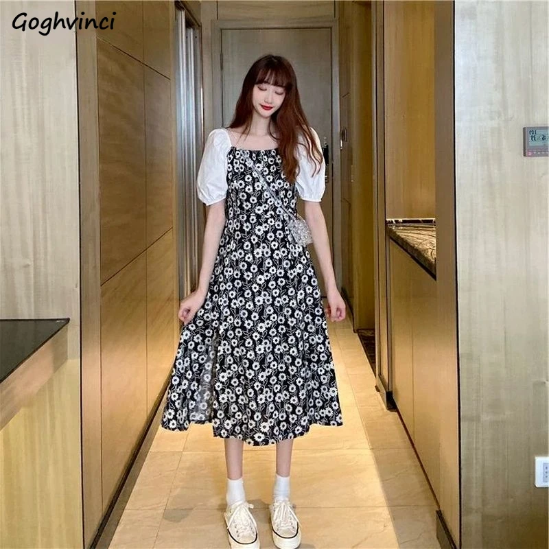 

Dresses Women Kawaii Trendy Elegant Korean Style Printing Slit Sexy Puff Sleeve Square Collar Ins Popular Summer Soft All-match
