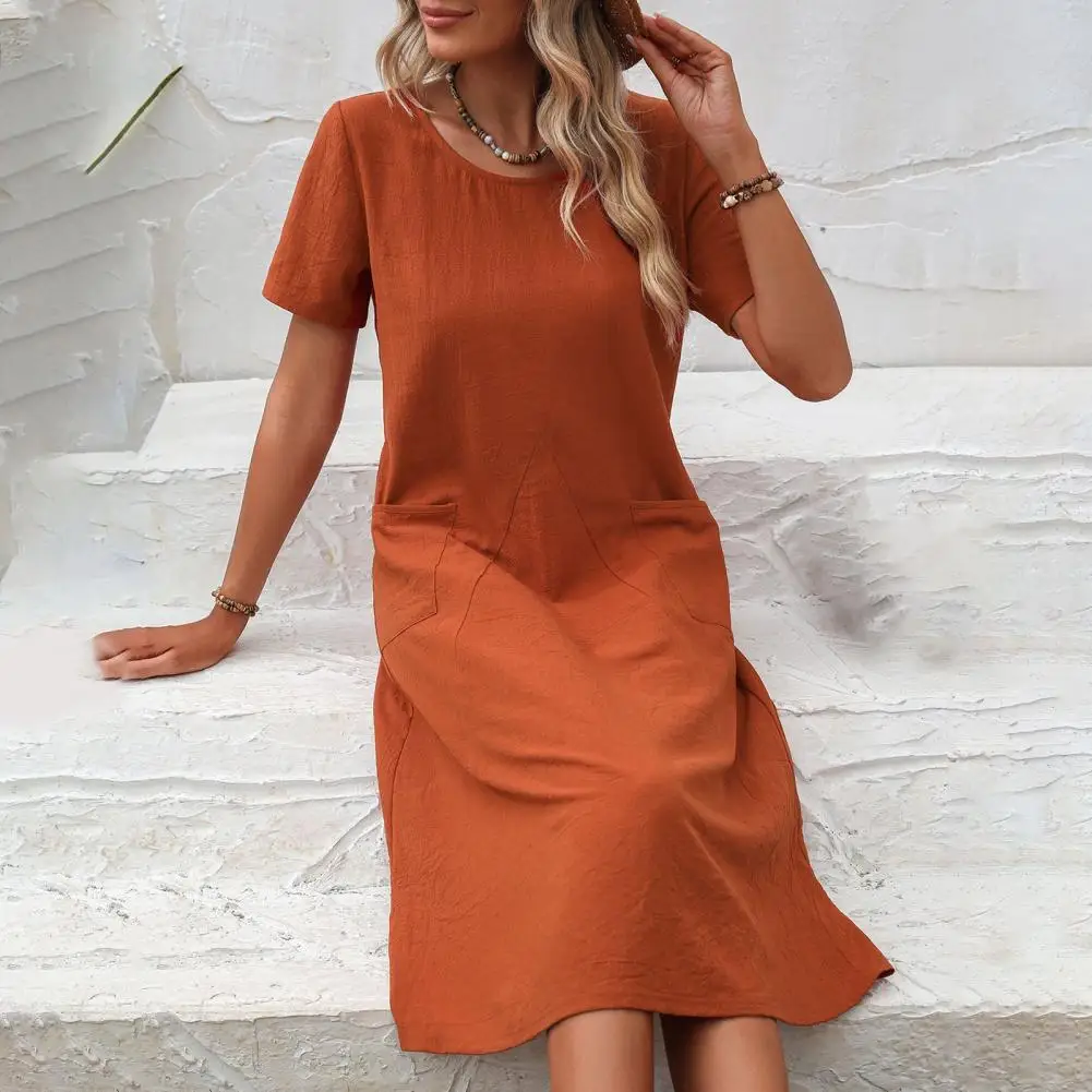 

Women Shirt Dress Loose Fit O-neck Short Sleeve Summer Dress Solid Color Pockets Knee-length Long Dress Streetwear
