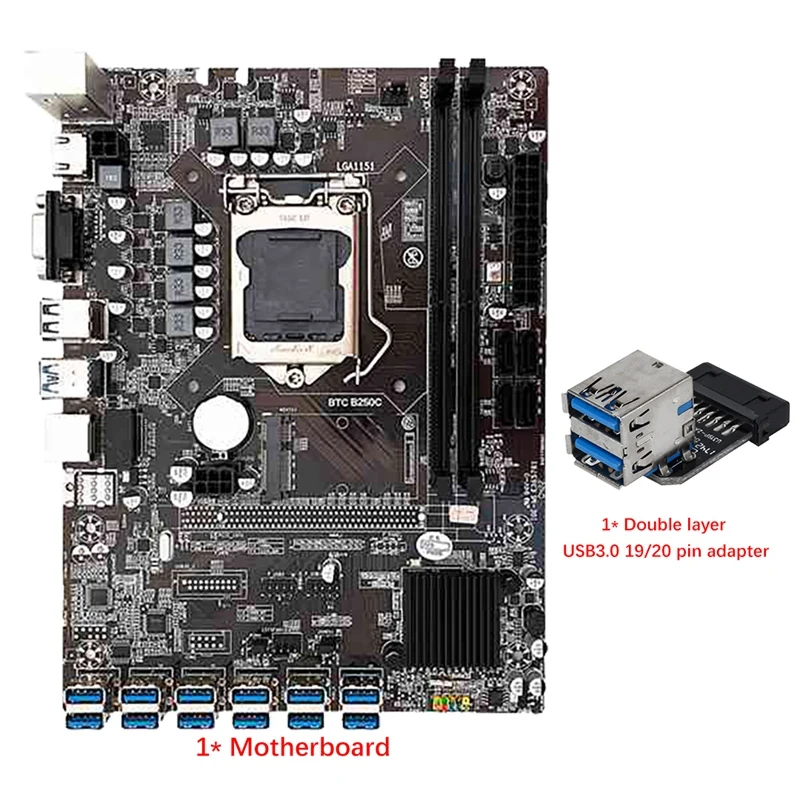 

B250C 12 USB3.0 Mining Motherboard With Dual USB3.0 19/20 Pin Adapter 12 GPU Slot LGA1151 DDR4 SATA3.0 MSATA For BTC/ETH