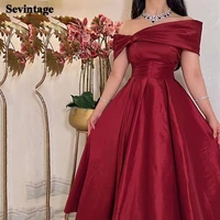 sevintage dark red midi prom dresses 2022 taffeta off sleeves tea length length arabic dubai formal party gowns evening gowns