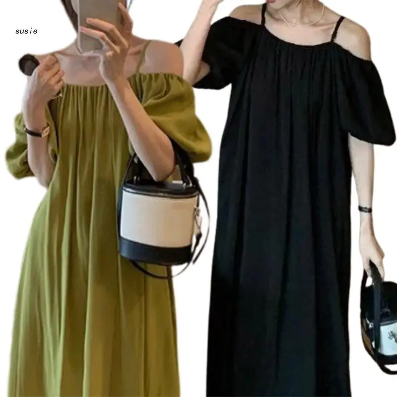 

X7YA Women Spaghetti Strap Dress Female Solid Color Dress Sexy Off Shoulder Dress Loose Party Dress Holiday Dress for Summer