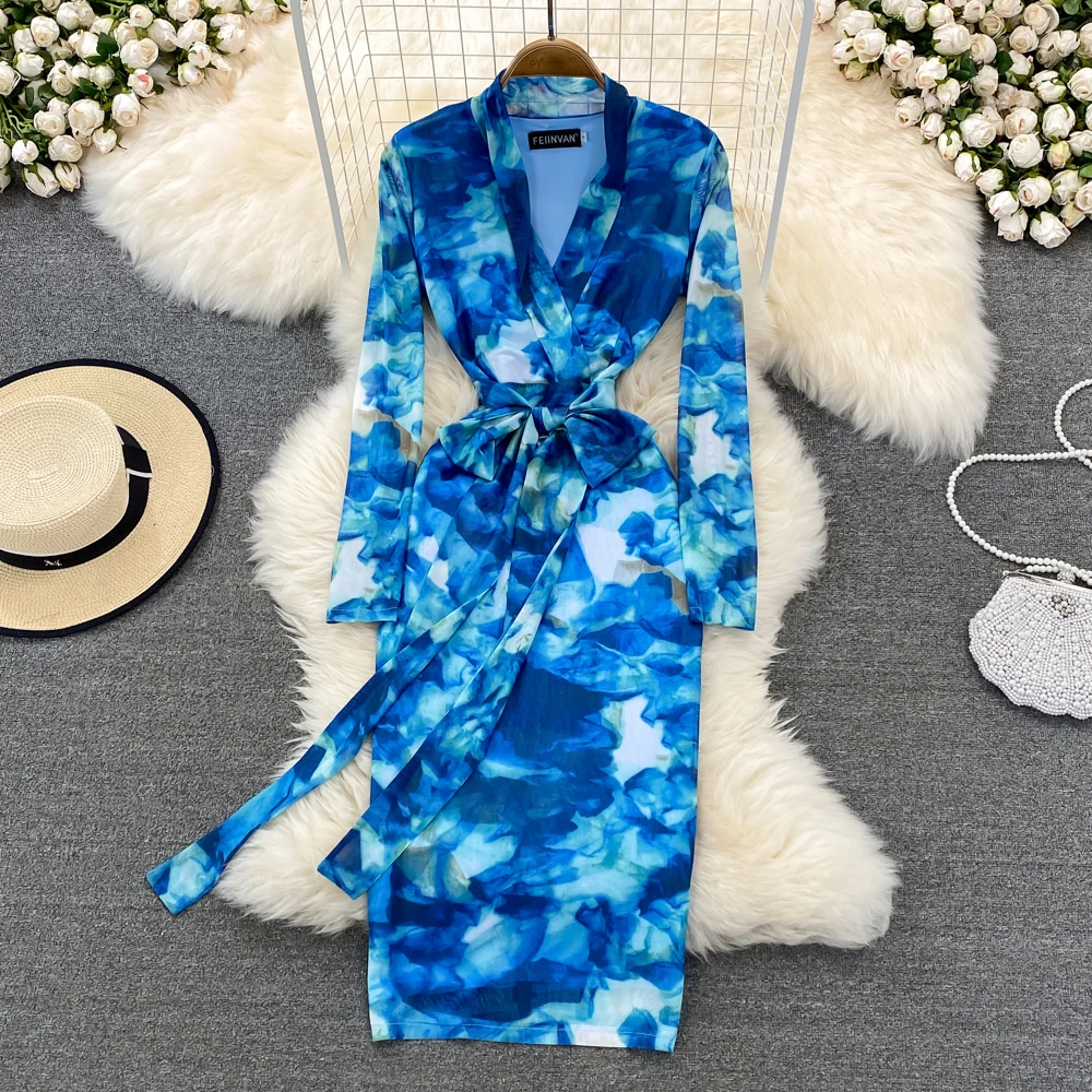 

Spring Feminine V-neck Slim Long Sleeve Printed Buttock Dress Light Mature Style High Waist Long Dress
