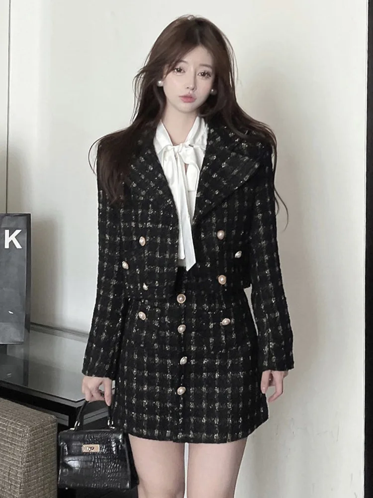 

High Quality Winter Small Fragrance Tweed Two Piece Set Women's Plaid Blazer Jacket Coat + Mini Skirt Sets Vintage 2 Piece Suits