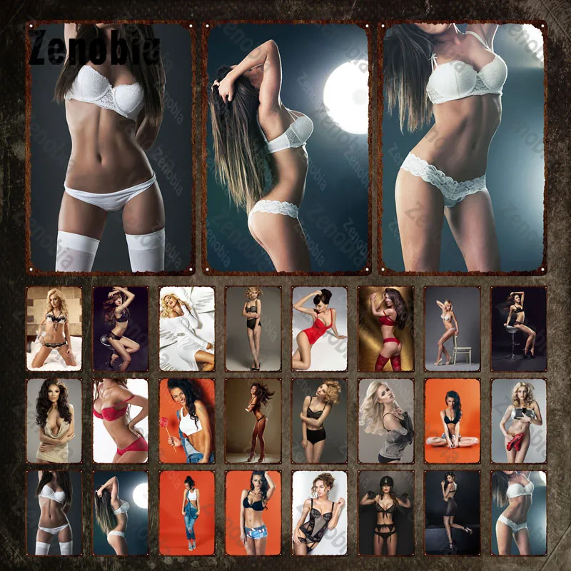 

Sexy Girls Metal Poster Underwear Bra Sexy Photo Model Vintage Tin Sign Figure Iron Painting Wall Stickers for Room Decoration