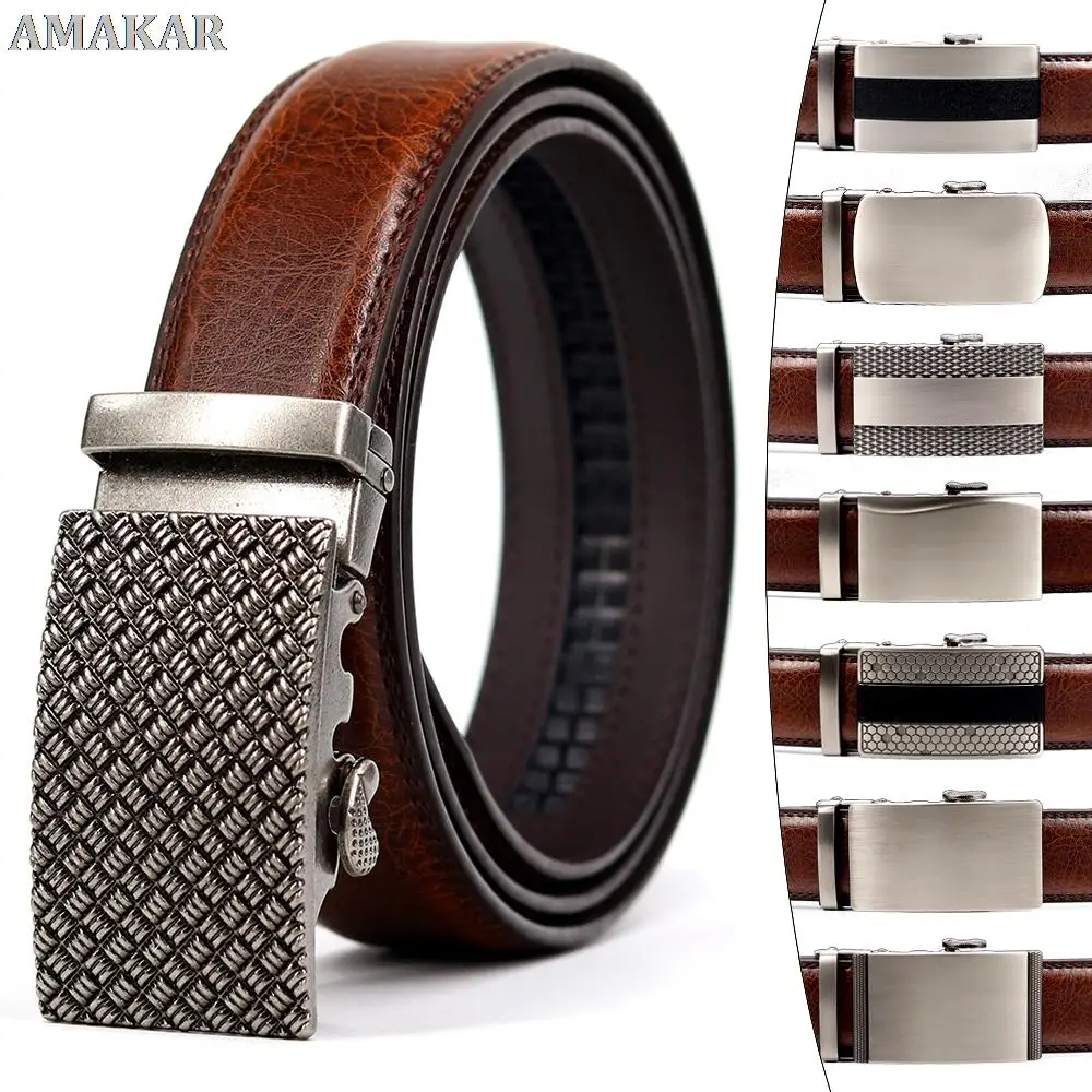 

Men 's Ratchet Automatic Buckle Cowhide Belt Luxury Designer Brand Leather Belt Simple Casual High Quality Alloy Discount