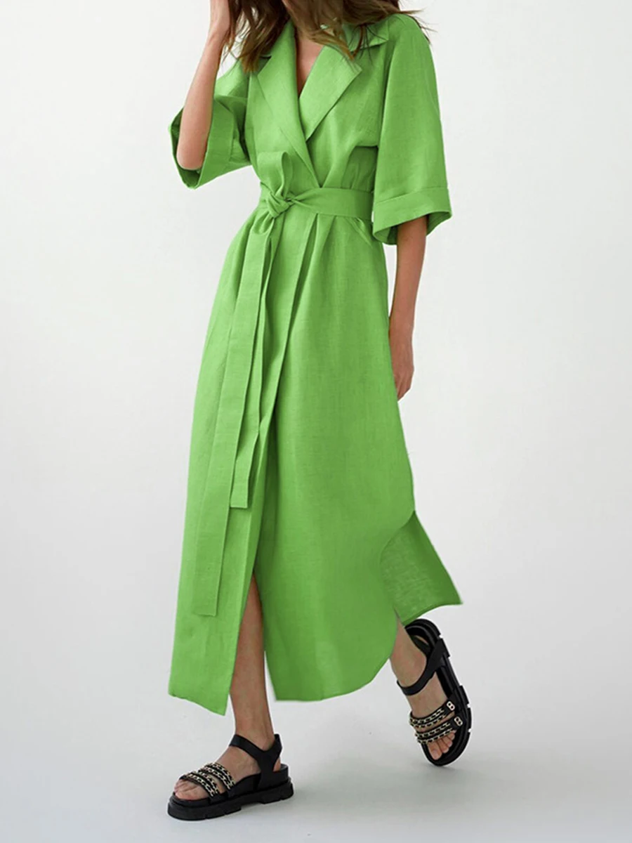 

Elegant Women Summer Office Lady Dress Solid Color Notched Lapel Open Stitch Half Sleeve Casual Dress with Belts 2022