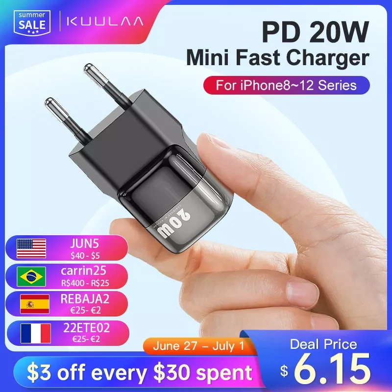 

Зарядное устройство KUULAA Super Si USB C, 20 Вт, Тип C PD, быстрая зарядка для iPhone 13, 12, 11 Max, Pro XS, 8 Plus, для iPad Air 4, iPad 2020 Mini