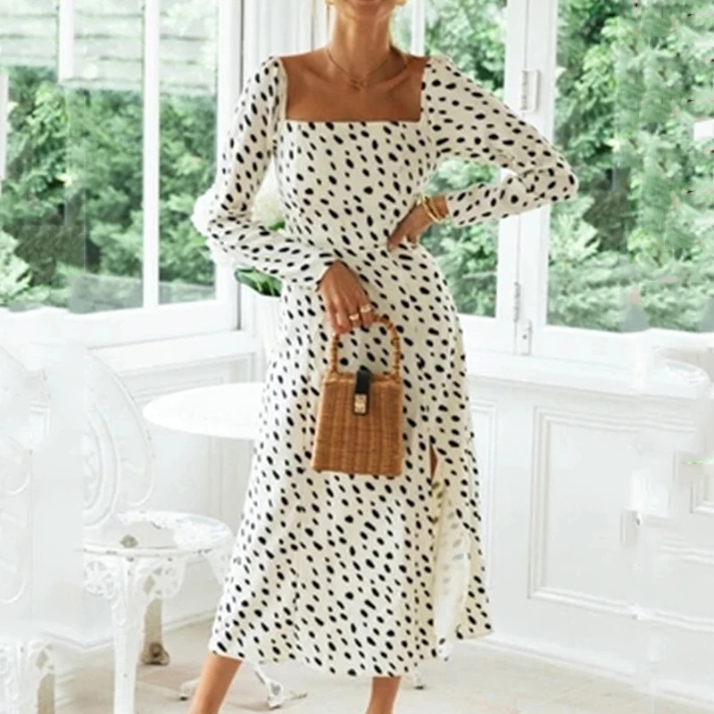 

Женское винтажное платье в горошек, длинное платье макси с леопардовым принтом и разрезом, праздничное платье с открытой спиной в стиле ретро, осень 2021