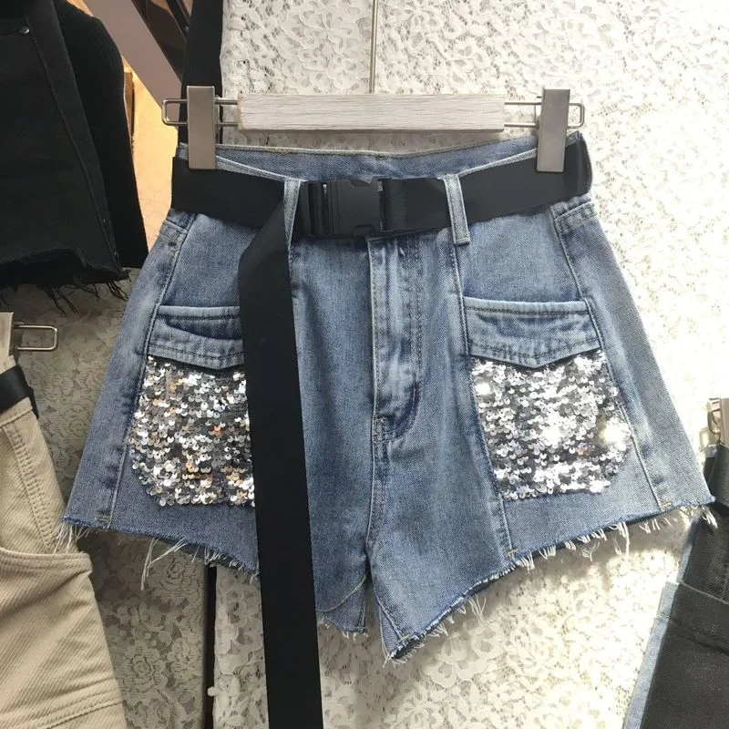 Sexy Women High Waist Sequins Denim Shorts Straight Jeans Women Zipper Pockets Short Fashion Harajuku Streetwear Shorts Female