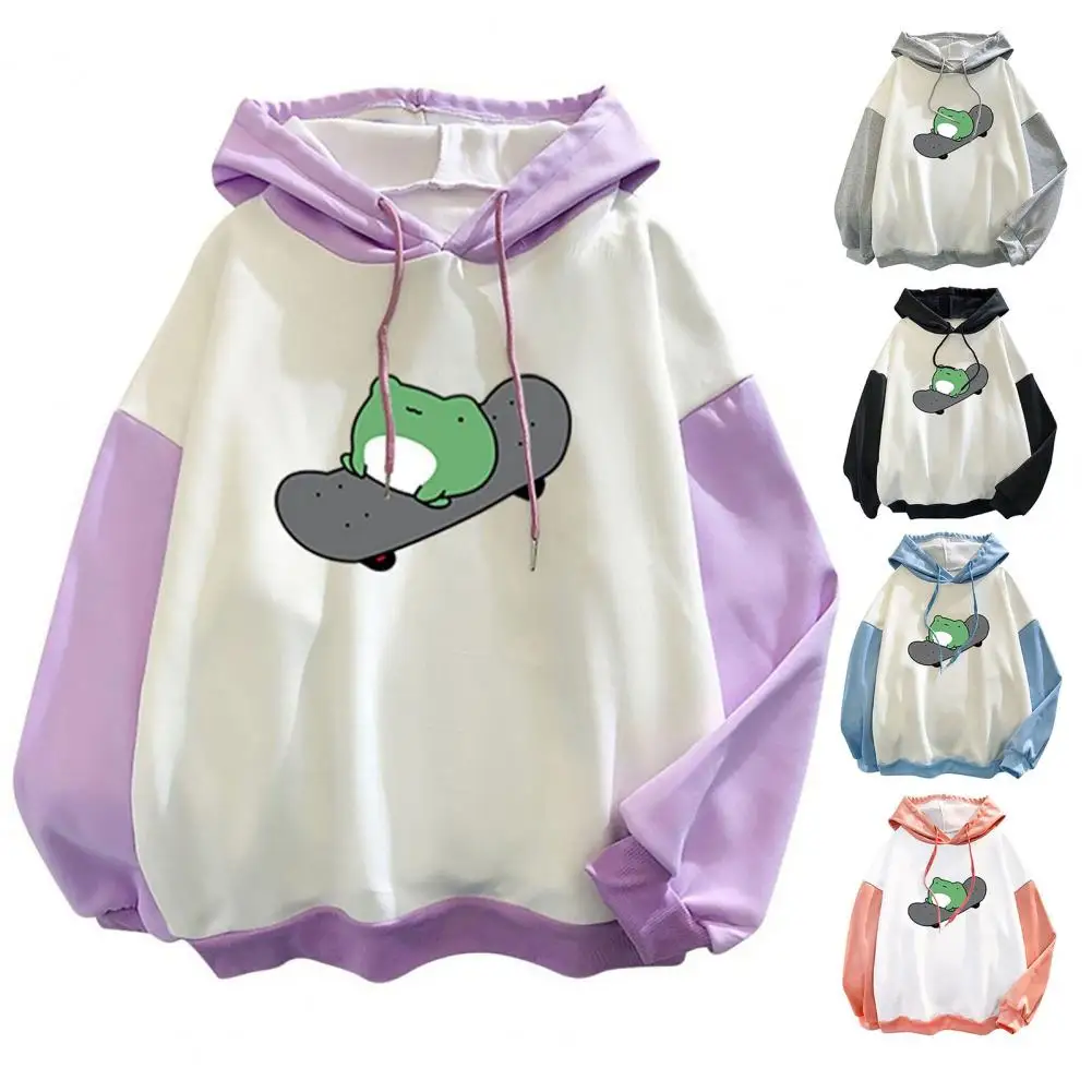 

Women Hoodie Unisex Kawaii Skateboard Frog Print Contrast Colors Hooded Long Sleeves Soft Loose Drawstring Harajuku Hoodies