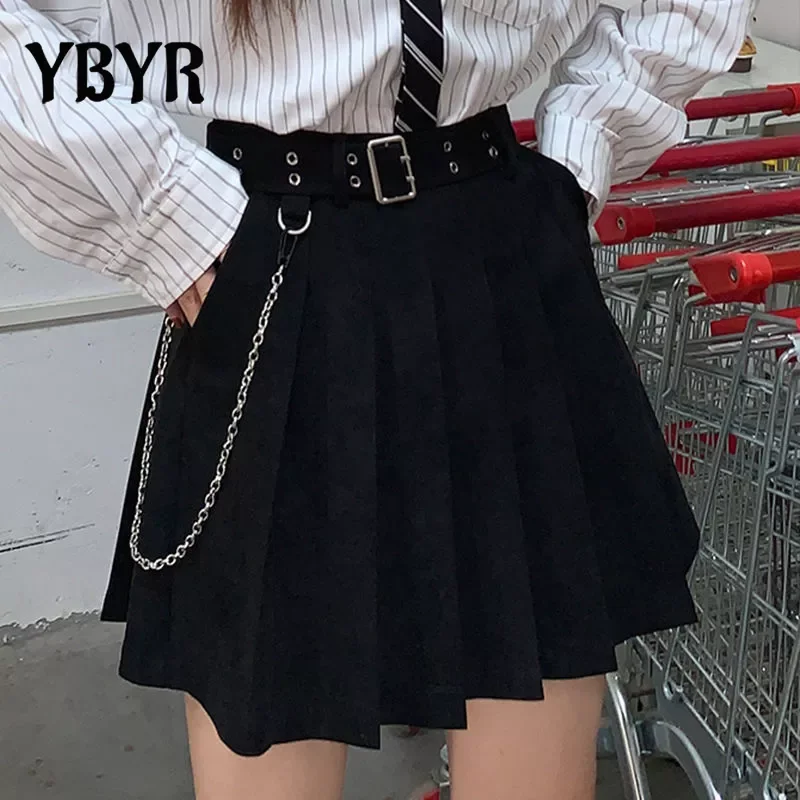 

Harajuku Punk Pleated Skirts Women Gothic Black High Waist Sexy Dance Mini Skirt With Belt Chain Female Streetwear Summer