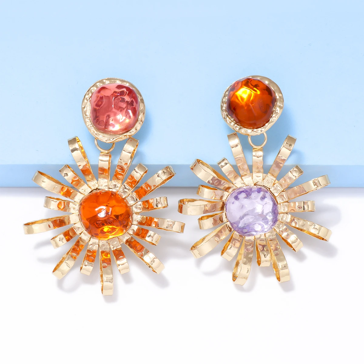 

JURAN Personality Metal Sun Flower Dangle Earrings Asymmetric Colorful Crystal Glass Resin Earrings For Women 2023 Trend Jewelry