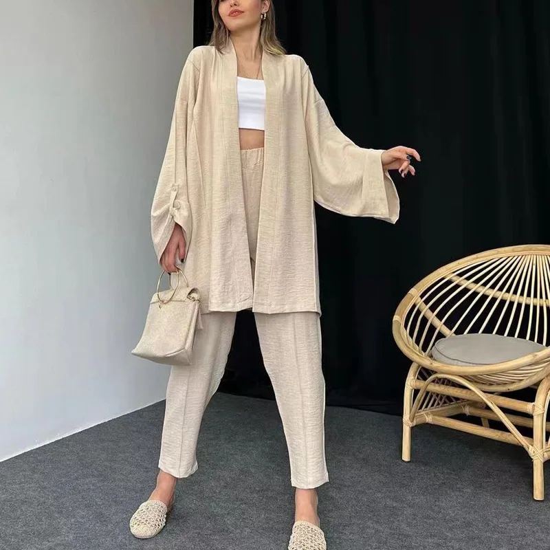 

Women's Pajama Set 2 Pcs with Pant Long Sleeve Spring Autumn Ladies Sleepwear Kimono Oversize Solid Pyjama Suit for Female