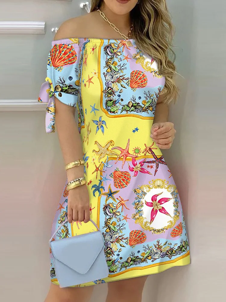 

Floral Print Off Shoulder Tie Detail Casual Dress Women