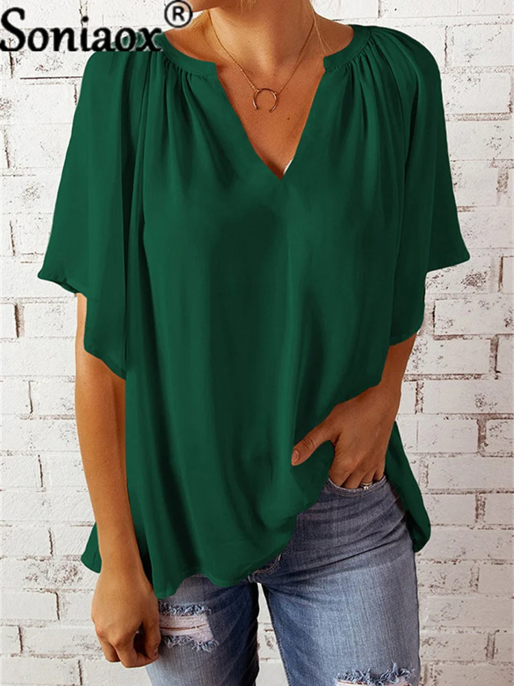 Женская винтажная рубашка с V-образным вырезом однотонная блузка рукавом до