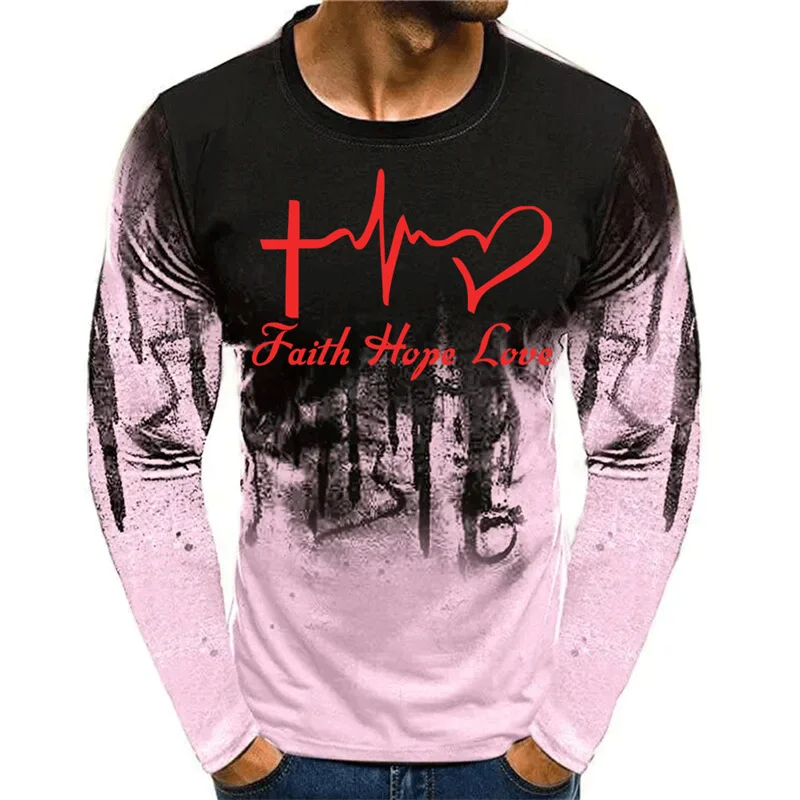 Faith Hope Love Painting Pattern T-Shirt For Men Fashion 3D Printed T Shirts Autumn Casual Loose O-Neck Tops Tees Long Sleeves