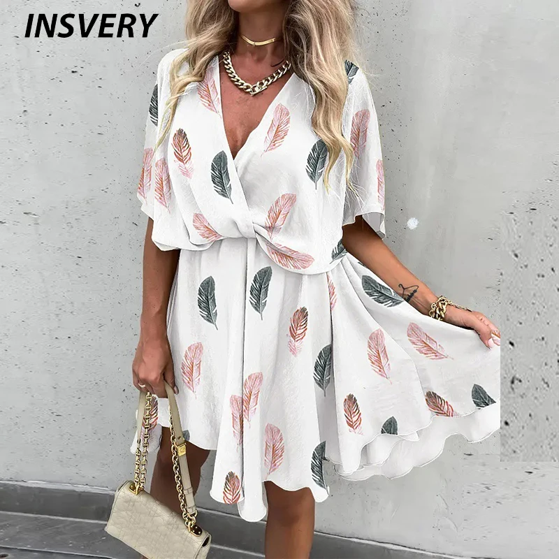 Office Lady Party Dress Women V Neck Short Sleeve A-Line Loose Dresses For Fashion Vintage Print Mini Boho 2022 |