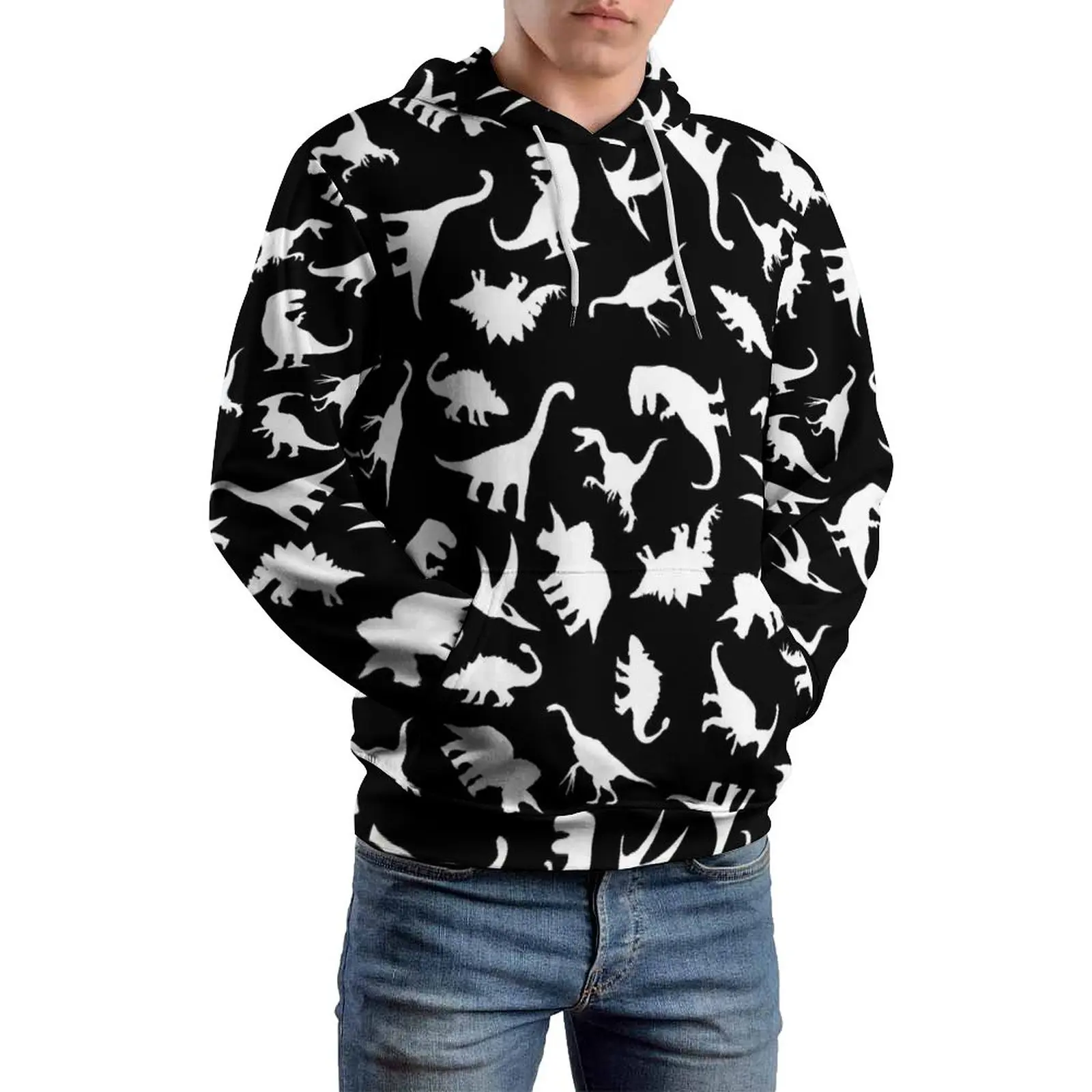 

Fun Dinosaur Casual Hoodies White And Black Loose Hoodie Couple Long Sleeve Pretty Printed Sweatshirts Big Size