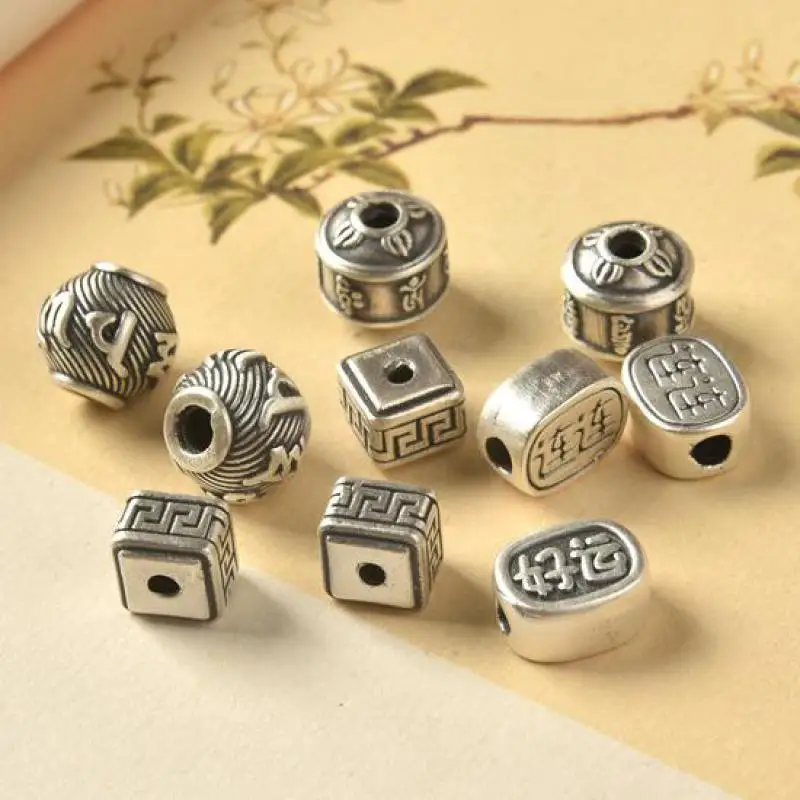 

S925 Sterling Silver Square Beads For Jewelry Making Diy String Bracelet Beaded Necklace Charms Round Mantra Bead Accessories