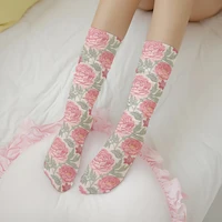 european style 3d printing rose flowers calf socks for women high quality summer thin socks elegant casual flower socks